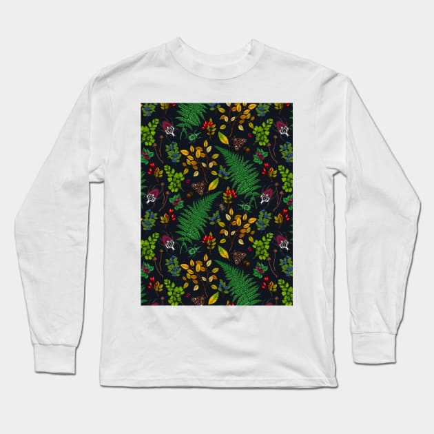 Forest berries, leaves and bugs on graphite black Long Sleeve T-Shirt by katerinamk